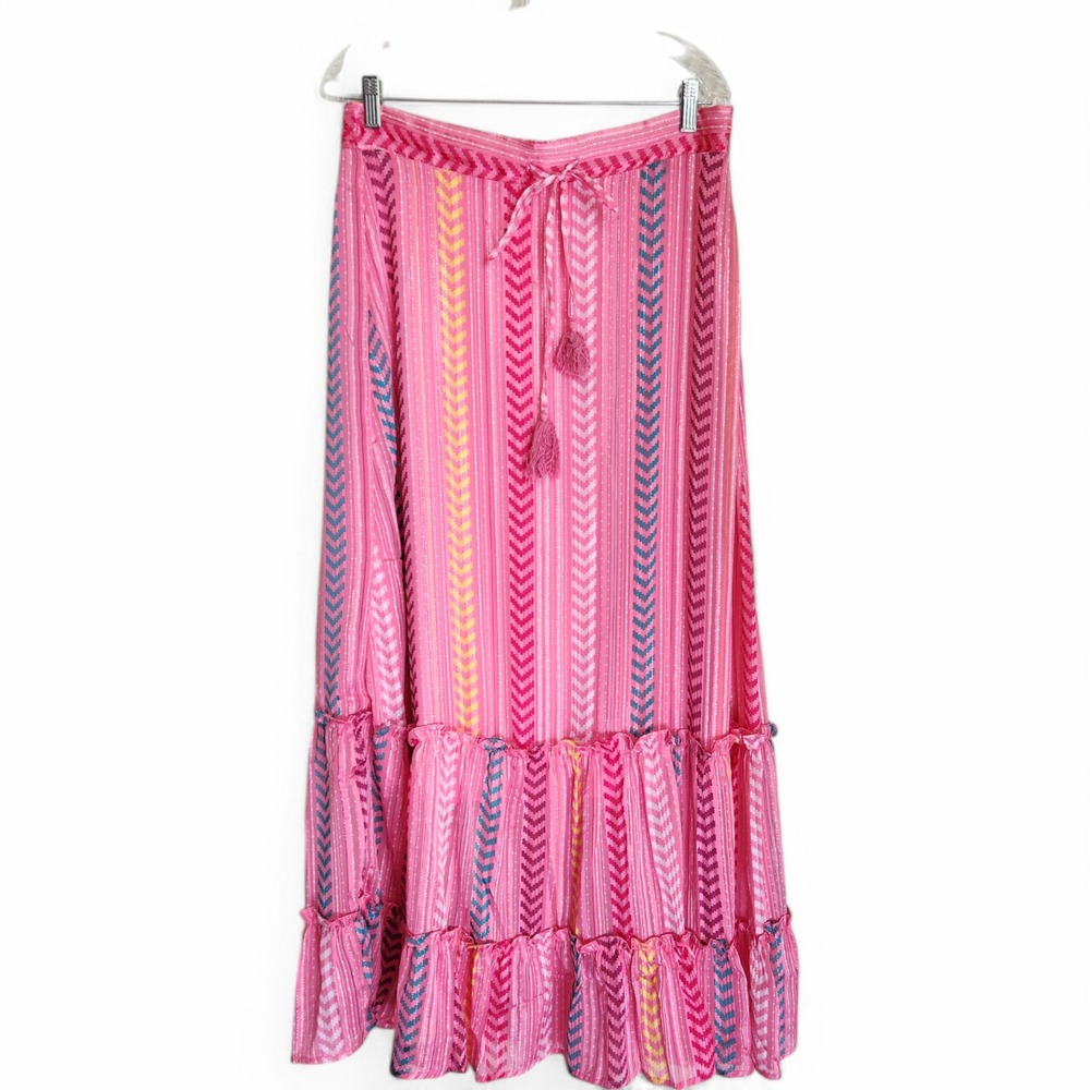 Satin Tiered Maxi Skirt Women's Large Boho Gypsy Tassel Pink Drawstring Pull on - Picture 13 of 13